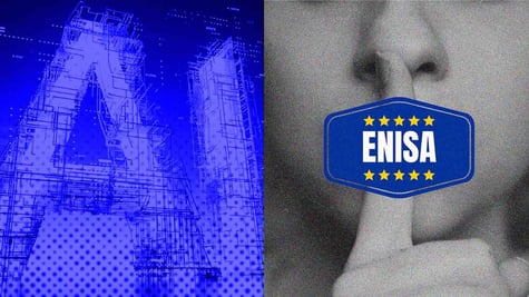 Letters AI, Enisa logo, and woman holding her finger on her lips