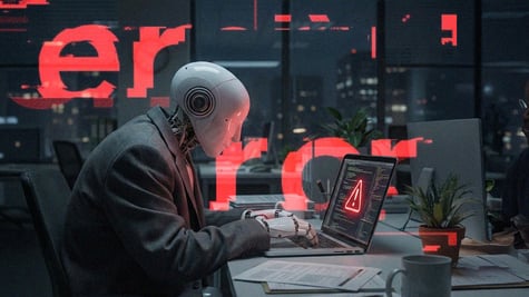 A robot in suit working in the office, the laptop screen displaying error symbol