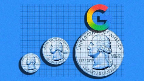 Google logo and quarter coins on a blue background
