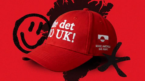A red hat that says "Make America Go Away" in the Inuit language