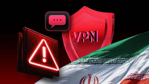 The Iranian flag next to a VPN sign and exclamation mark.