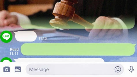 Line messages and a court hammer in a courtroom.