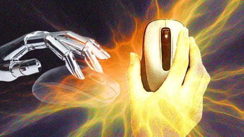 A robot's and a human's hands moving computer mouse