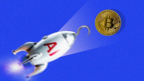 rocket with the  text ai and visual hook on it flying towards bitcoin