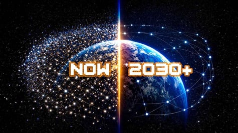 Earth and satellites now (clustered) and in 2030 (more space).