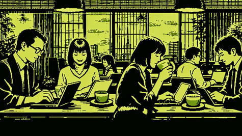People sitting in a cafe, enjoying drinks; Tokyo cofee shop; digital nomads; tech workers