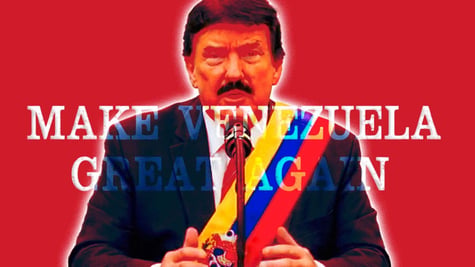Donald Trump with dark hair and moustache wearing Venezuelan flag