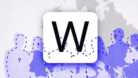 A big letter W and blue figures of people behind it