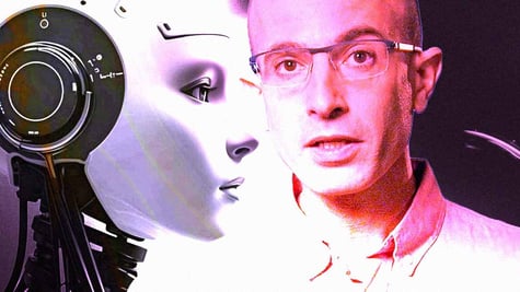A robot and Israeli author Yuval Noah Harari