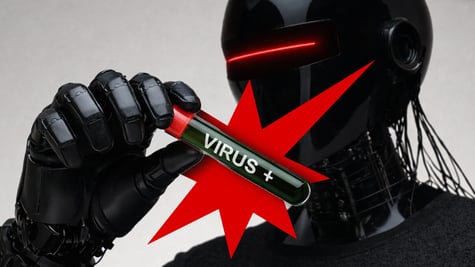 A robot holding a test tube which says "virus"
