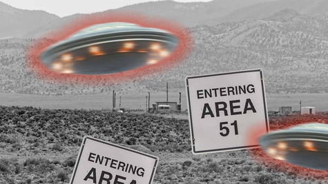 A UFO spinning through a black and white background of Area 51.