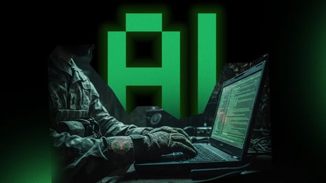 A military officer working on a laptop, letters AI on the background