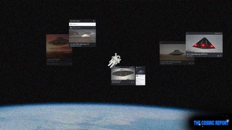 An astronaut floating in deep space alongside some social media screenshots.
