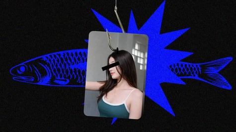 A filipina influencer with eyes blacked out superimposed on a blue phish.
