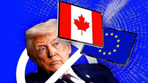 Donald Trump behind the ban symbol, Canadian and European Union flags