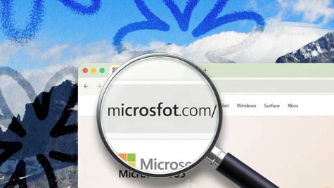 A magnifying glass revealing a URL that's spelled "Microsfot" instead of "Microsoft"