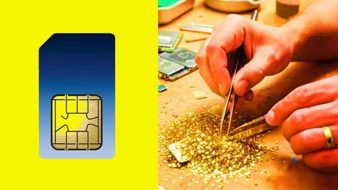 A split screen of a SIM card and a man extracting gold from it.