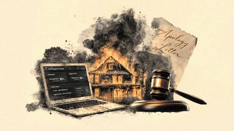 A smoky visual of a house burning down, along with a judges gavel and an AI writing detector.
