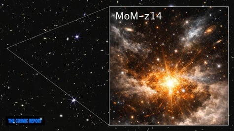 A big golden bang seen from afar in the cosmos, captured by the James Webb telescope.