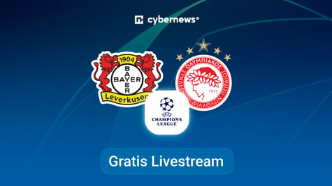 Leverkusen vs. Olympiakos, Team Logos, blue Background