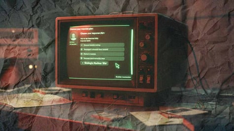 A retro computer with AI deciding a nuclear dilemma.