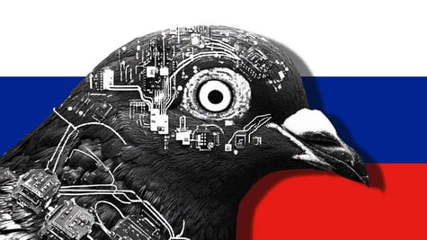 A robot pigeon and Russian flag on the background