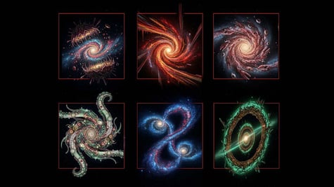 Six different cosmic galaxy swirls, as captured by an AI anomaly system.