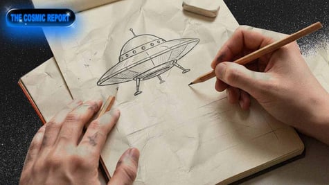 Human hands drawing a UFO on a sketchpad.