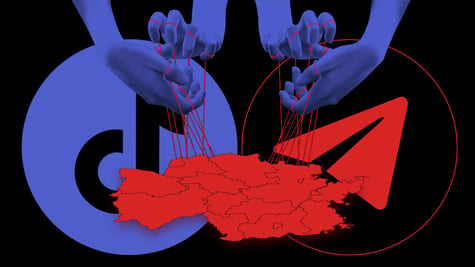 A TikTok logo and Telegram logo entangled in puppet strings controlling a map of Germany.