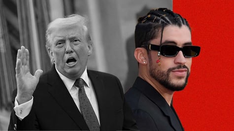 Donald Trump in black and white and Bad Bunny in full color.