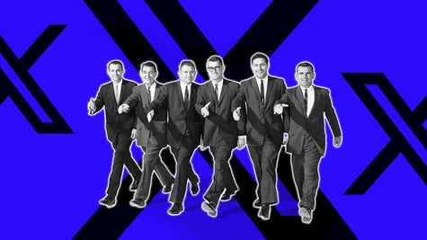 A group of men in suits and X logos on the background