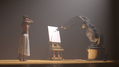 woman in white green skirt, topless, hands behind head, robot hand paints her on white canvas
