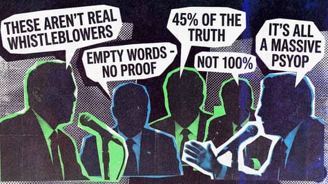 Silhouetted talking heads, with UFO conspiracy theory speech bubbles.