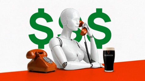 A robot is making a phone call, a Guinness pint next to it