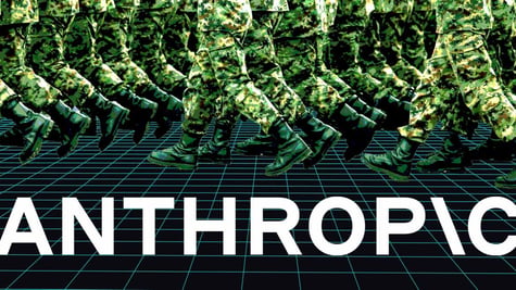 Soldiers marching on the black background, the logo of Anthropic