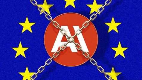 Anthropic logo with chains crossing it, the European Union flag on the background