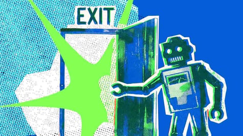old school robot opens doors, green exit sign, green star, blue background