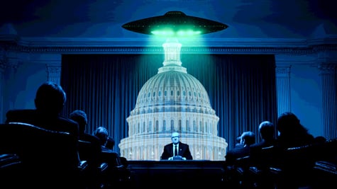 A UFO in a congress room full of politicians in the shadows.