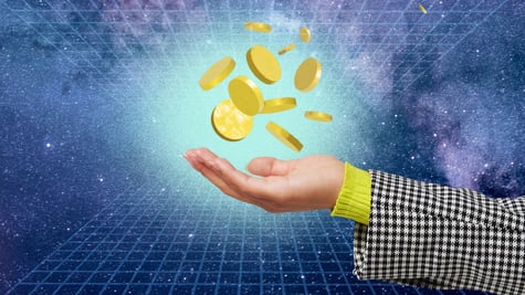 gold coins in blue space, purple cloud, white right hand, plaid jacket sleeve, yellow sleeve