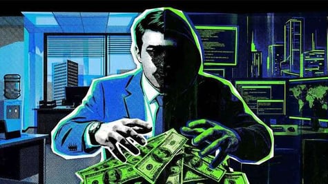 man, left side wears blue office jacket, right side is in shadow, both arms hold green dollars