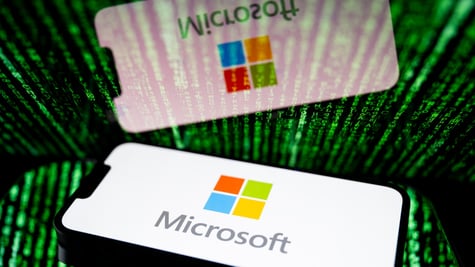 microsoft logo, red, green, blue, yellow squares, white smartphone screen, matrix like backgound