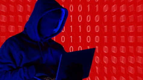 man in hoodie, black and blue colors, dark laptop, red binary code backround, orange numbers