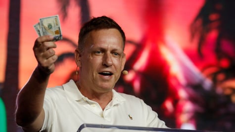 peter thiel, man, brown hair, white polo shirt, holds dollars, red sunset, palm tree