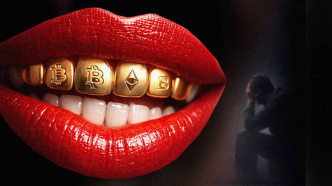 red lips, golden upper teeth with crypto currency, poor man in black background.