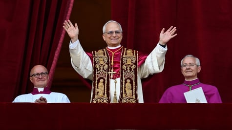 pope leo, red heavy curtains ,vatical balcony, two bishops on left and right