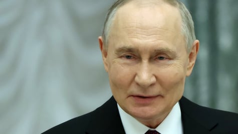 vladimir putin, white collar shirt, black suit, doll-like wrinkleless face, grey background
