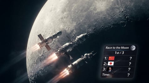 Grey moon, three rockets racing, flags of US, China and Japan