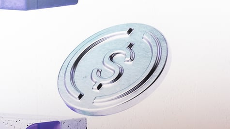 silver crypto token with dollar sign in middle, white background
