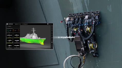 ship wall climbing robot,  black wires, thermo picture of navy ship on left