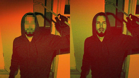 A man in a hoodie with his face blurred on the left, and with his face visible on the right